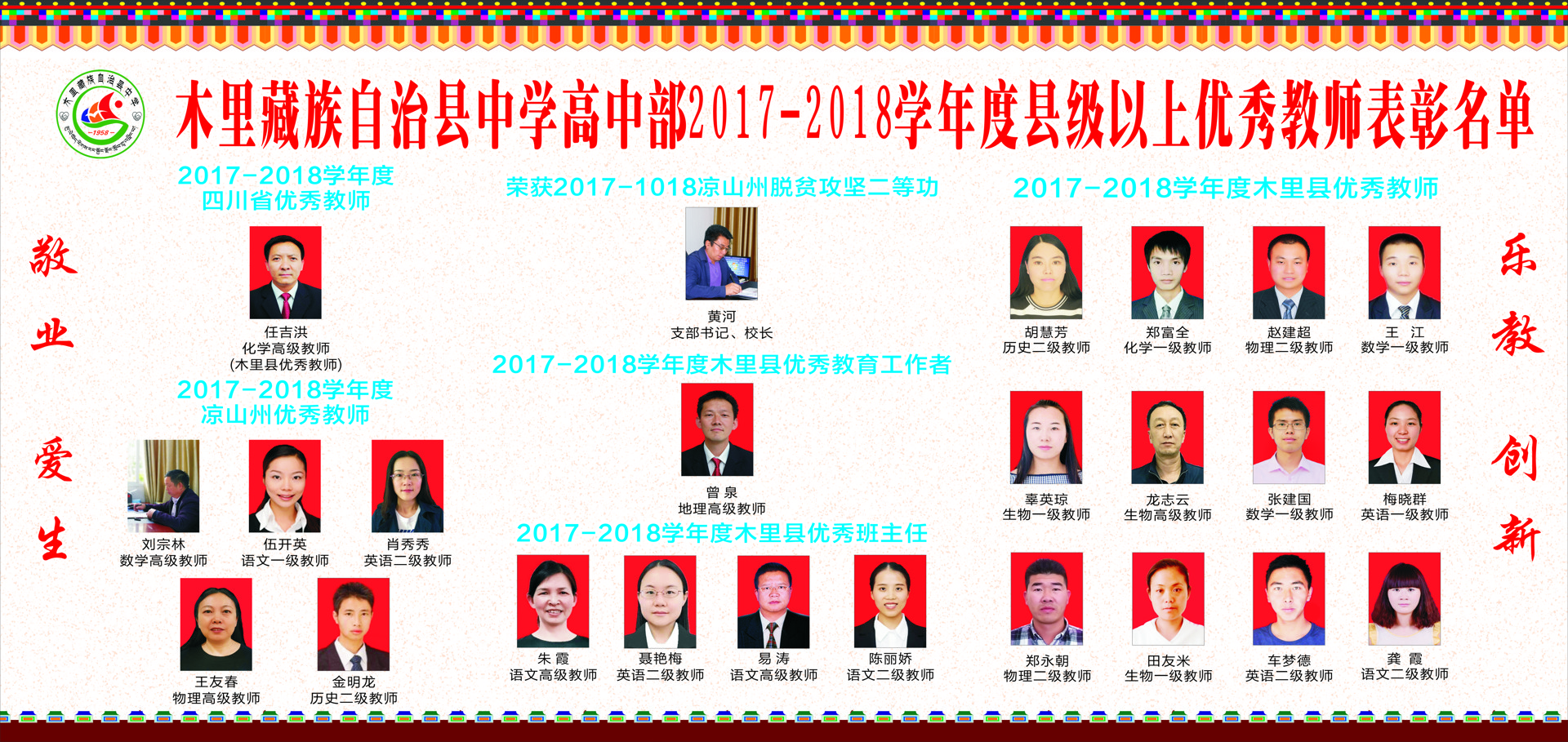 木里中学（高中部）2018-2019学年优秀教师